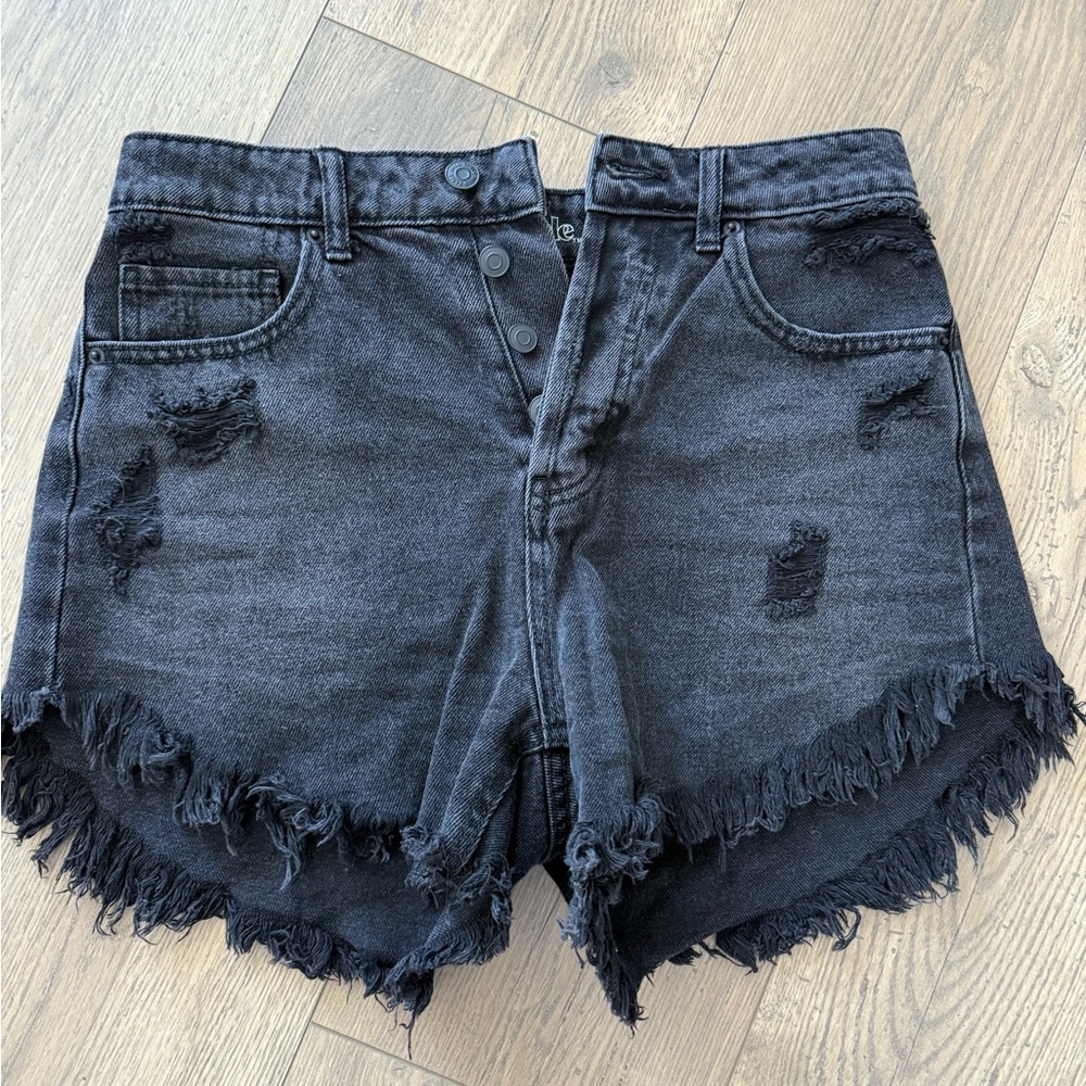 Distressed Black Denim Shorts